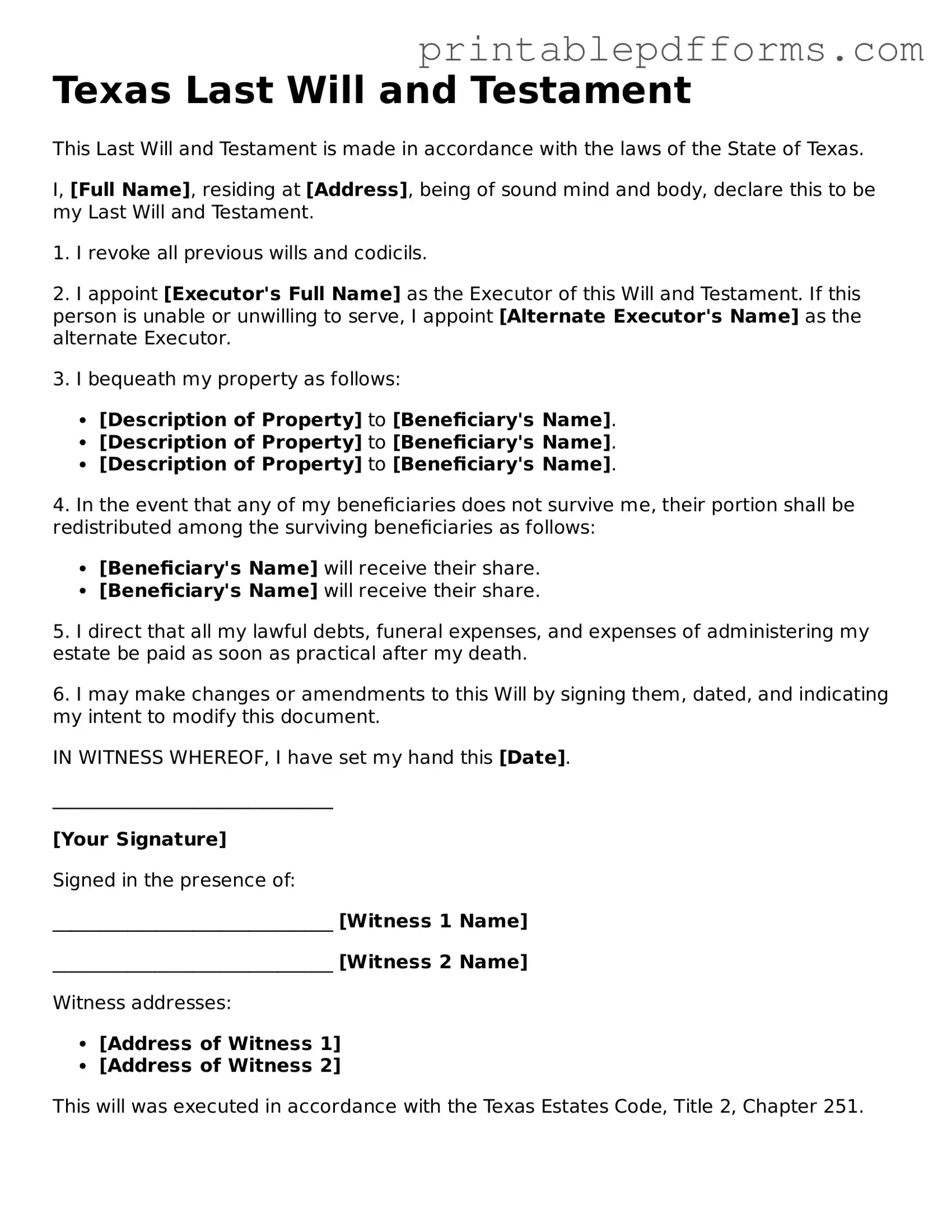 Texas Last Will and Testament Document
