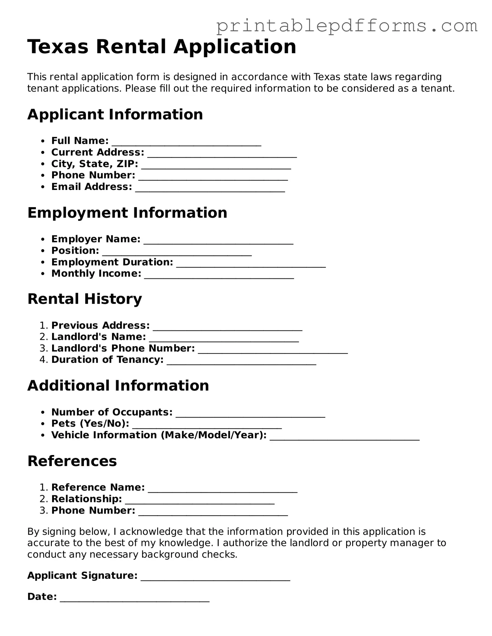 Texas Rental Application Document
