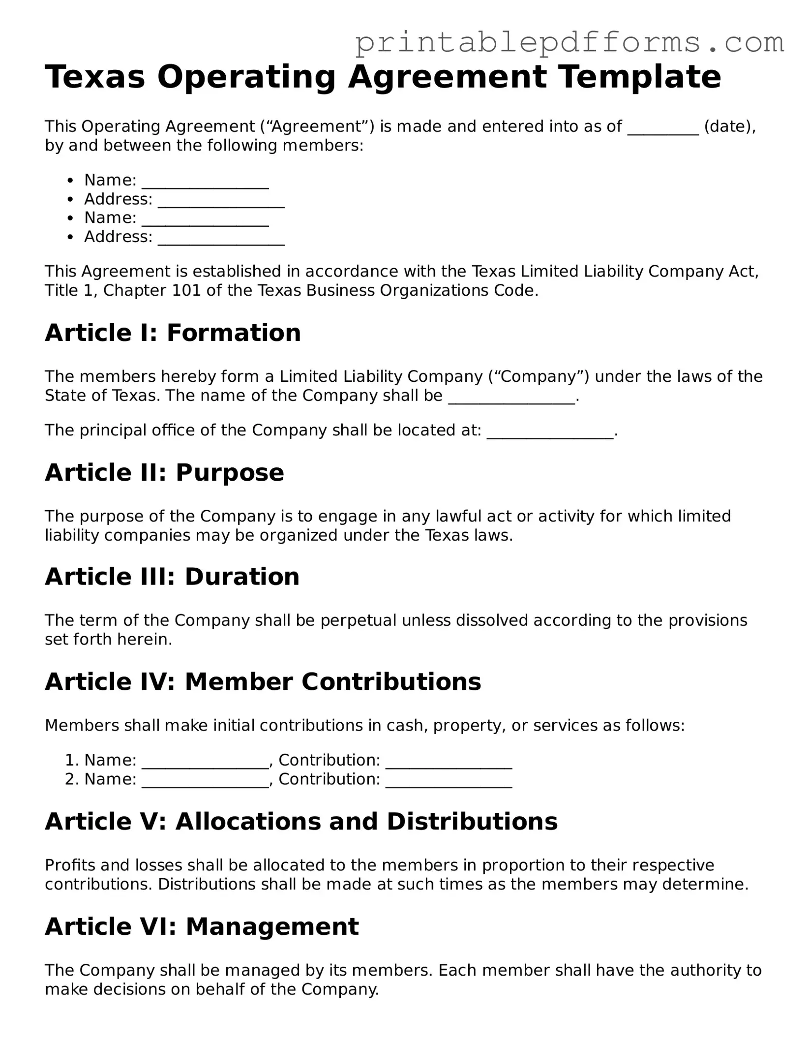 Texas Operating Agreement Document