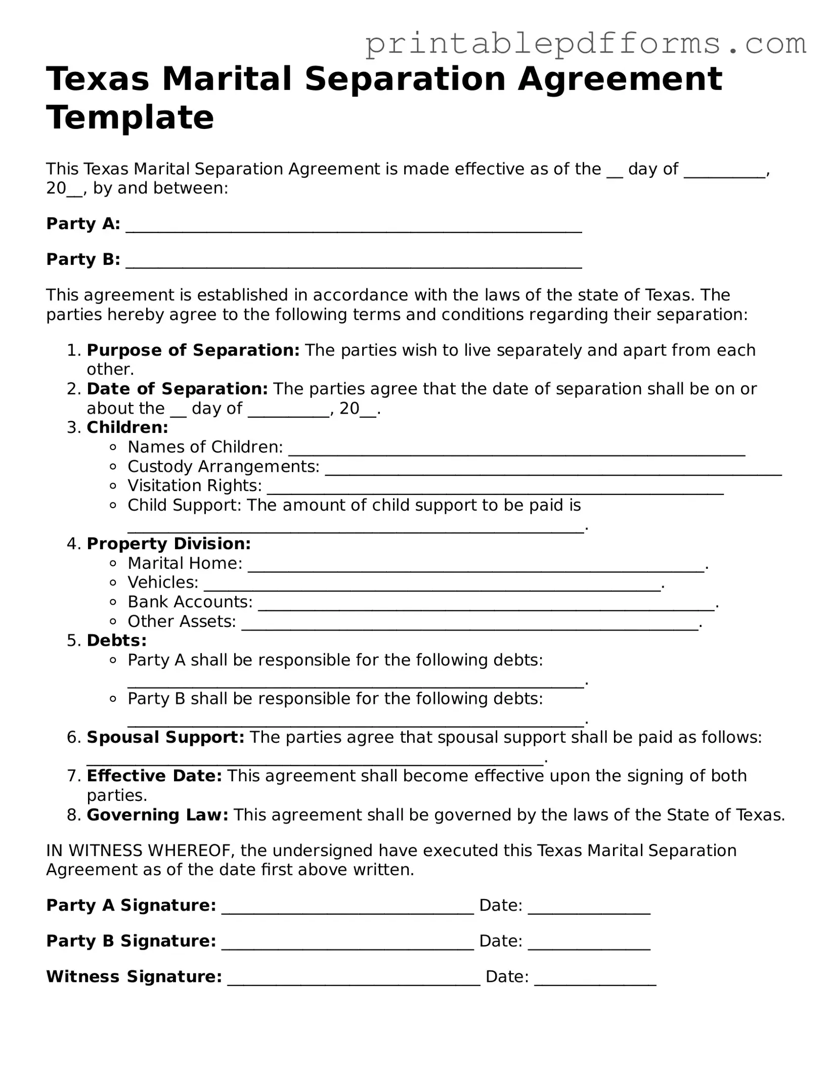 Texas Marital Separation Agreement Document