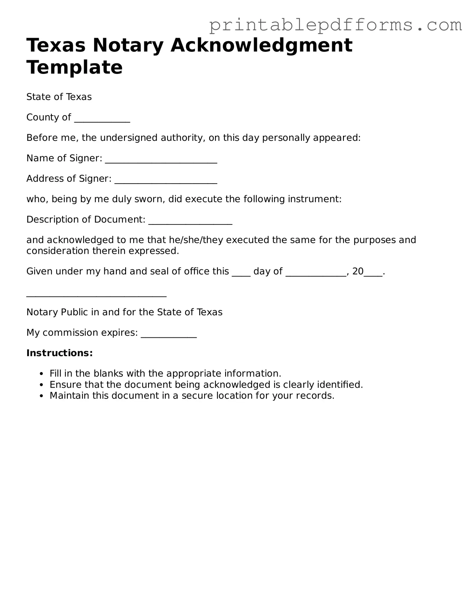 Texas Notary Acknowledgement Document