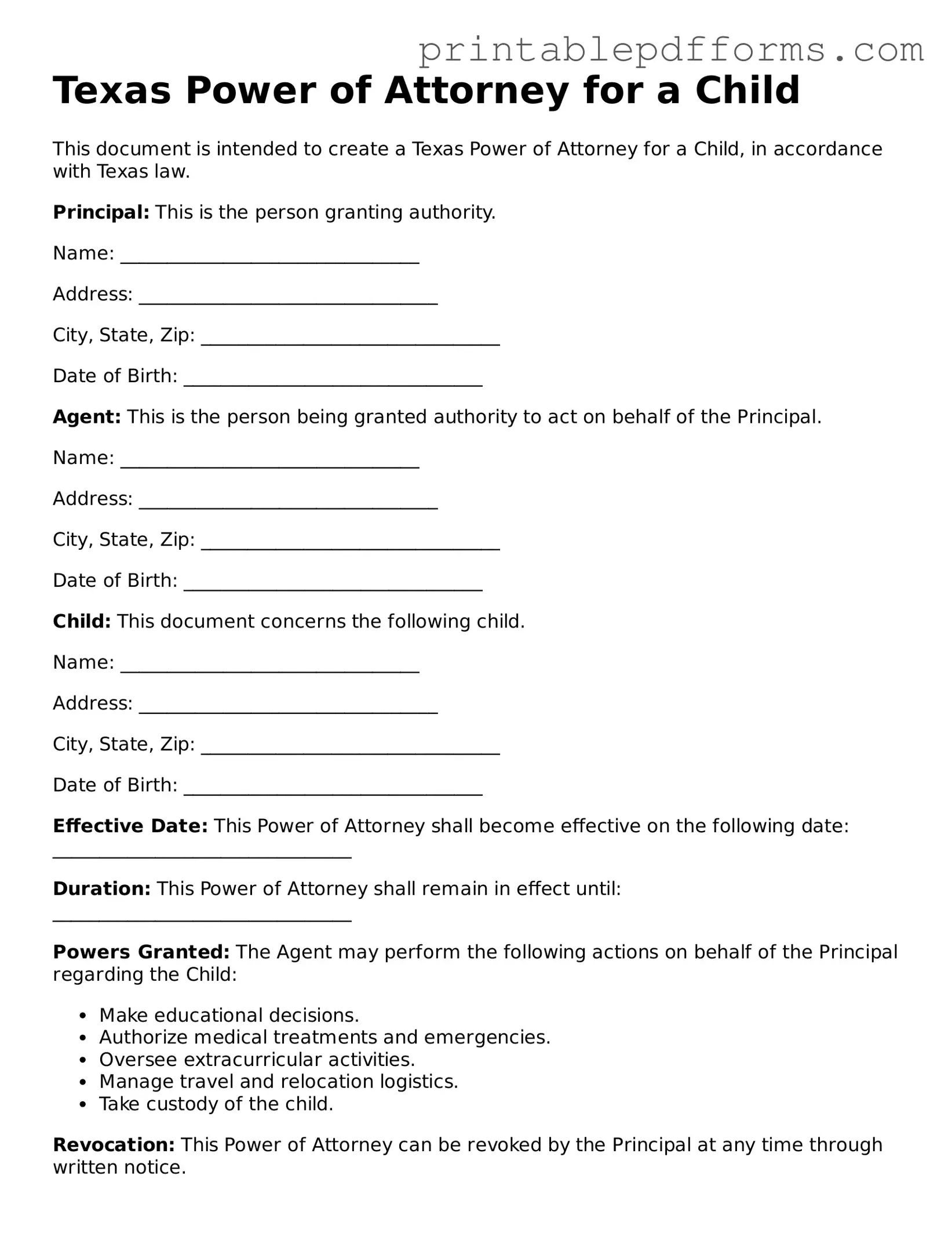 Texas Power of Attorney for a Child Document