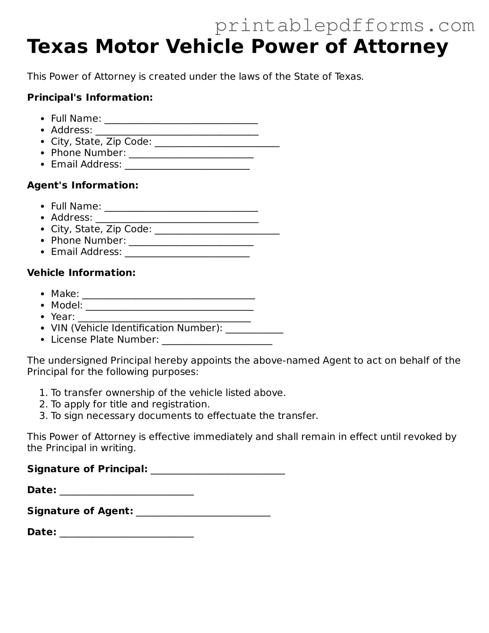 Texas Motor Vehicle Power of Attorney Document