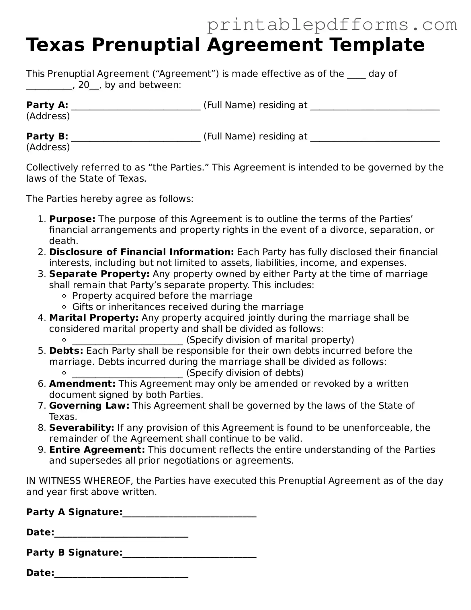 Texas Prenuptial Agreement Document