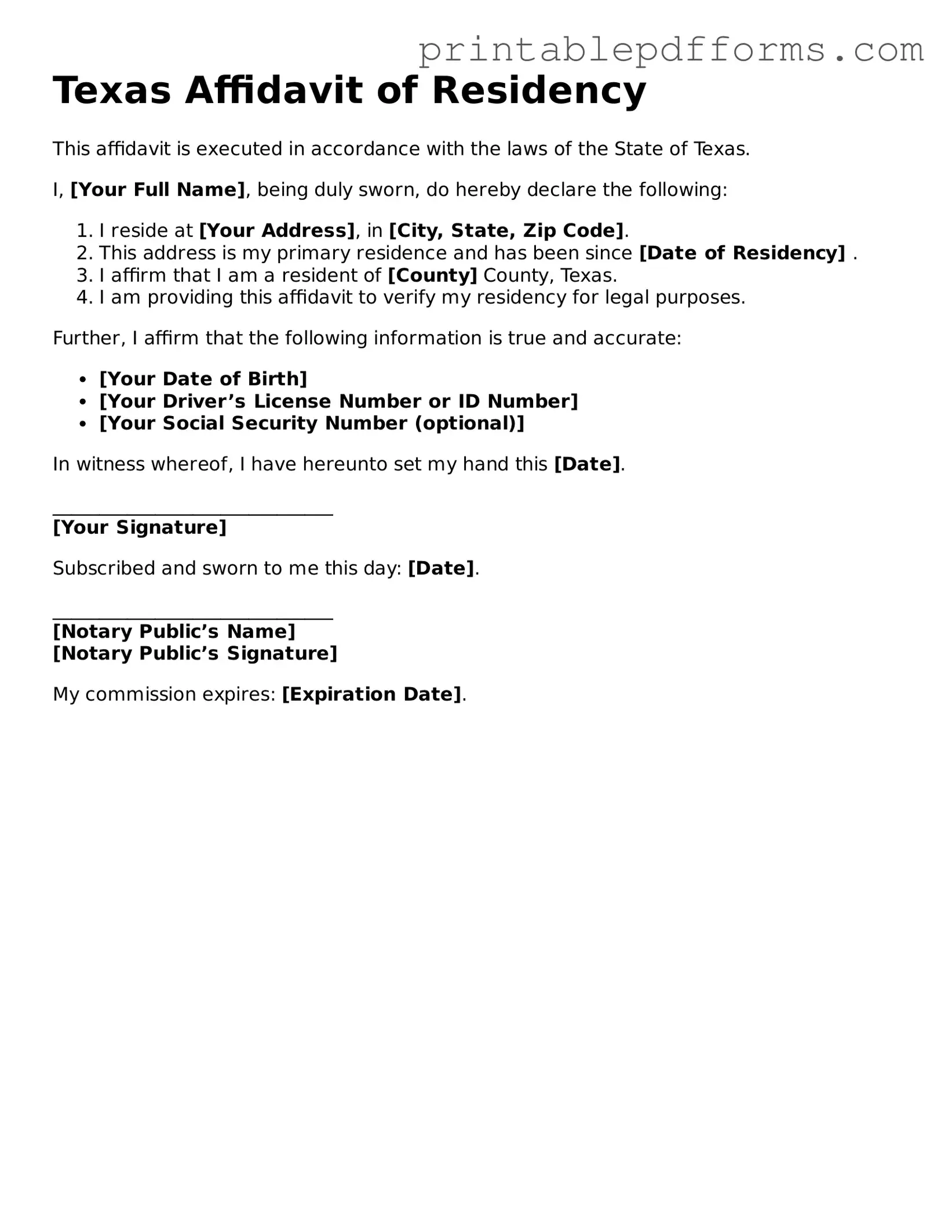 Texas Affidavit of Residency Document