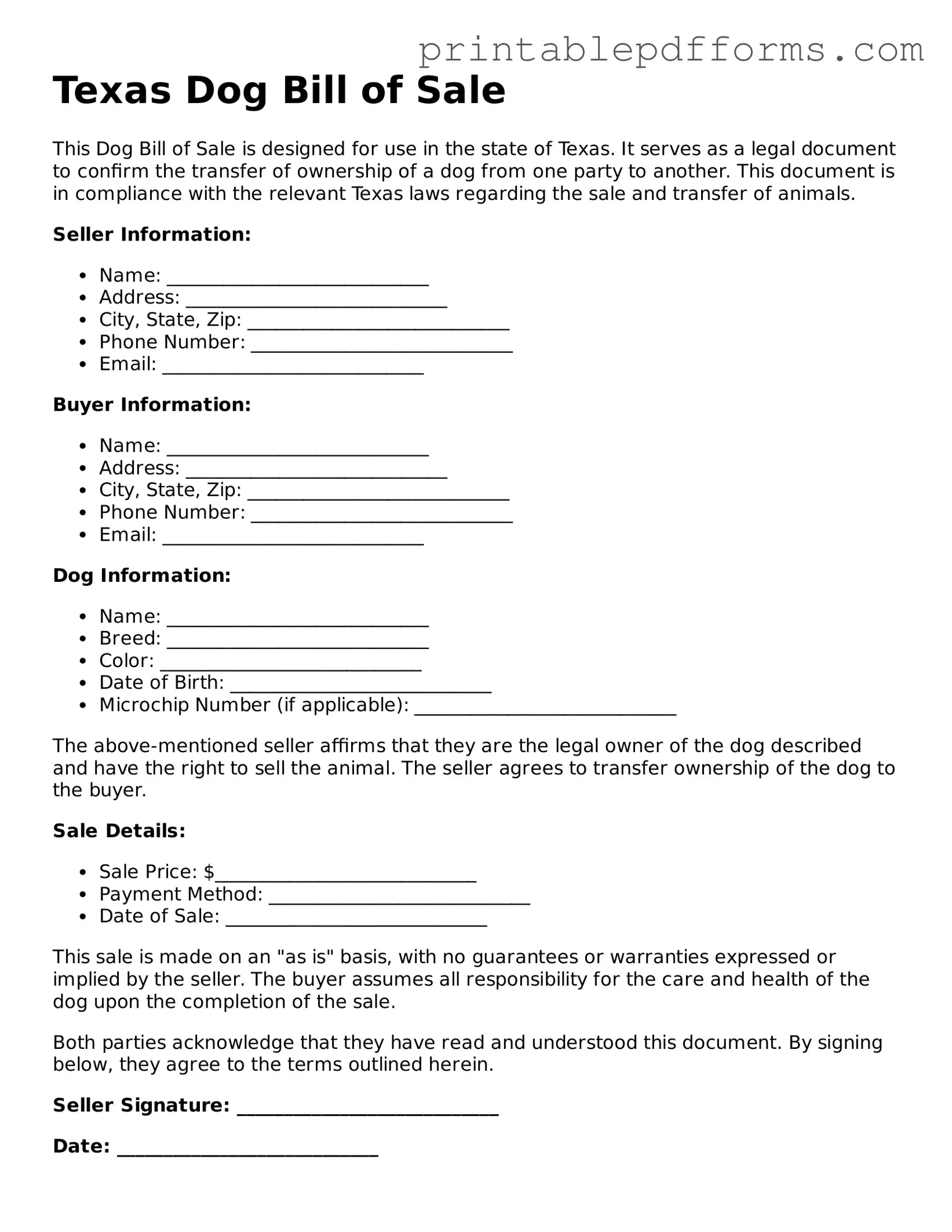 Texas Dog Bill of Sale Document
