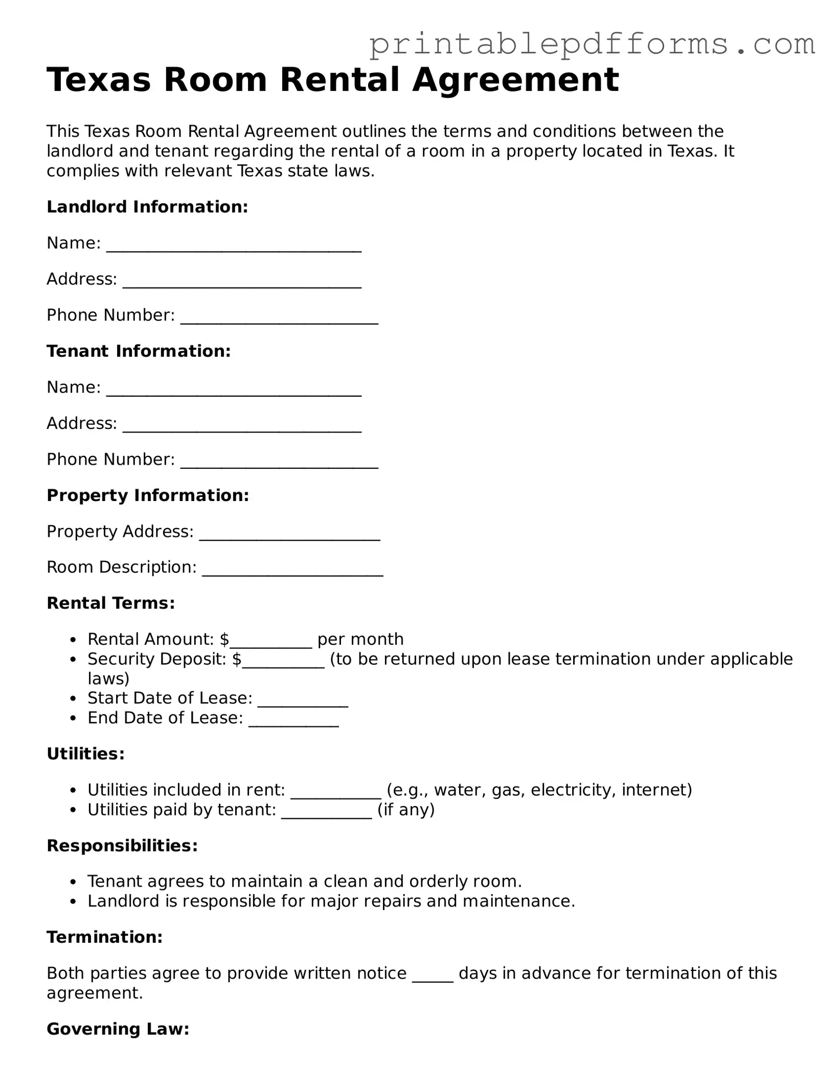 Texas Room Rental Agreement Document