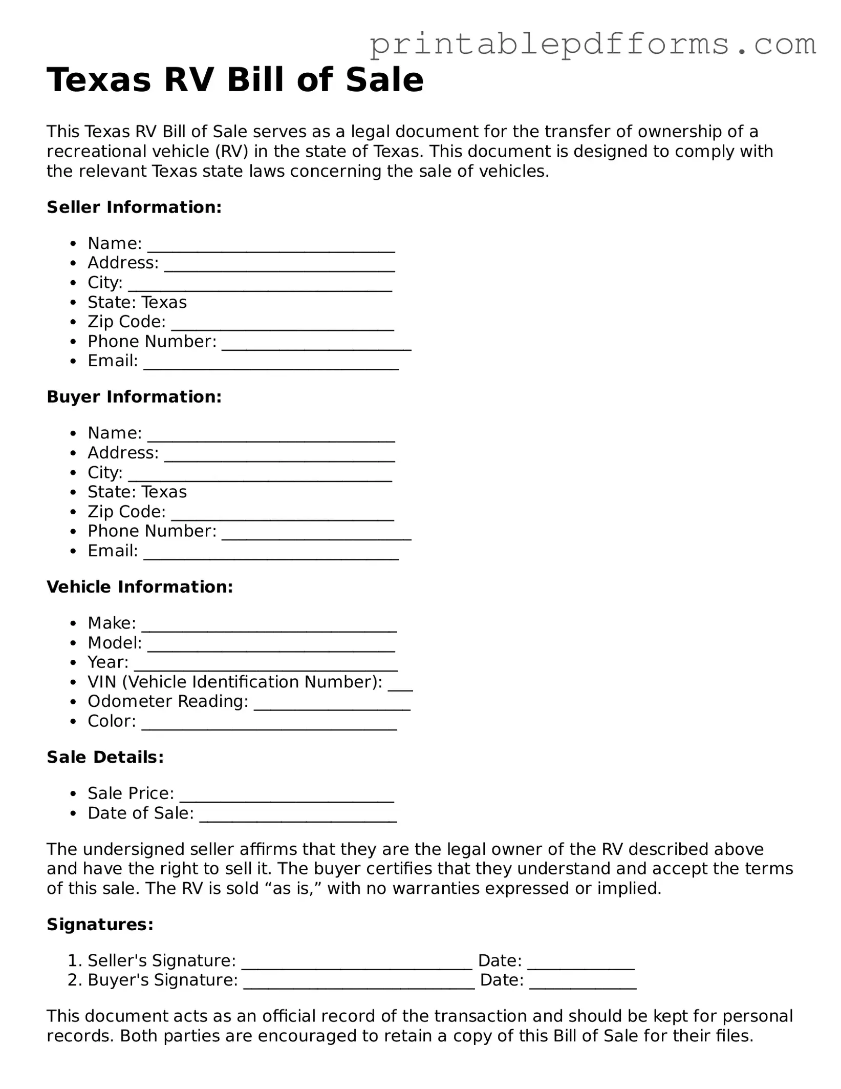 Texas RV Bill of Sale Document