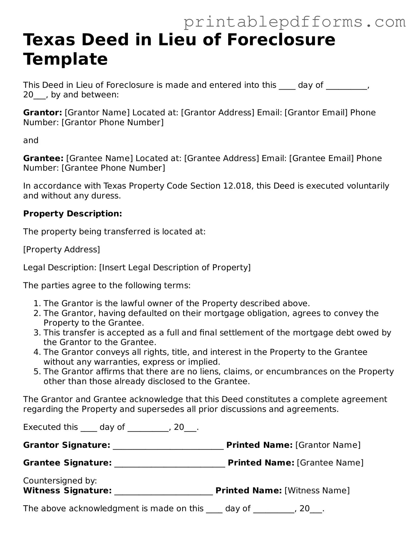 Texas Deed in Lieu of Foreclosure Document
