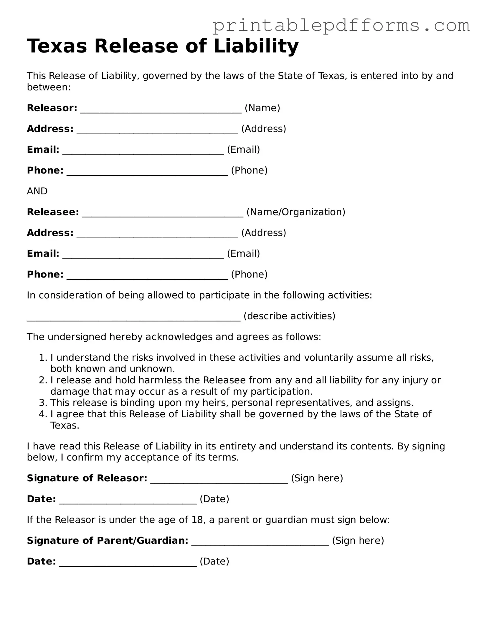 Texas Release of Liability Document