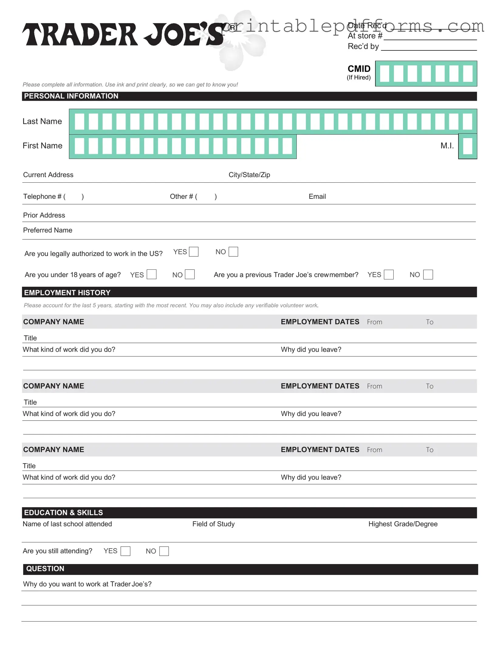 Fill a Valid Trader Joe's application Form