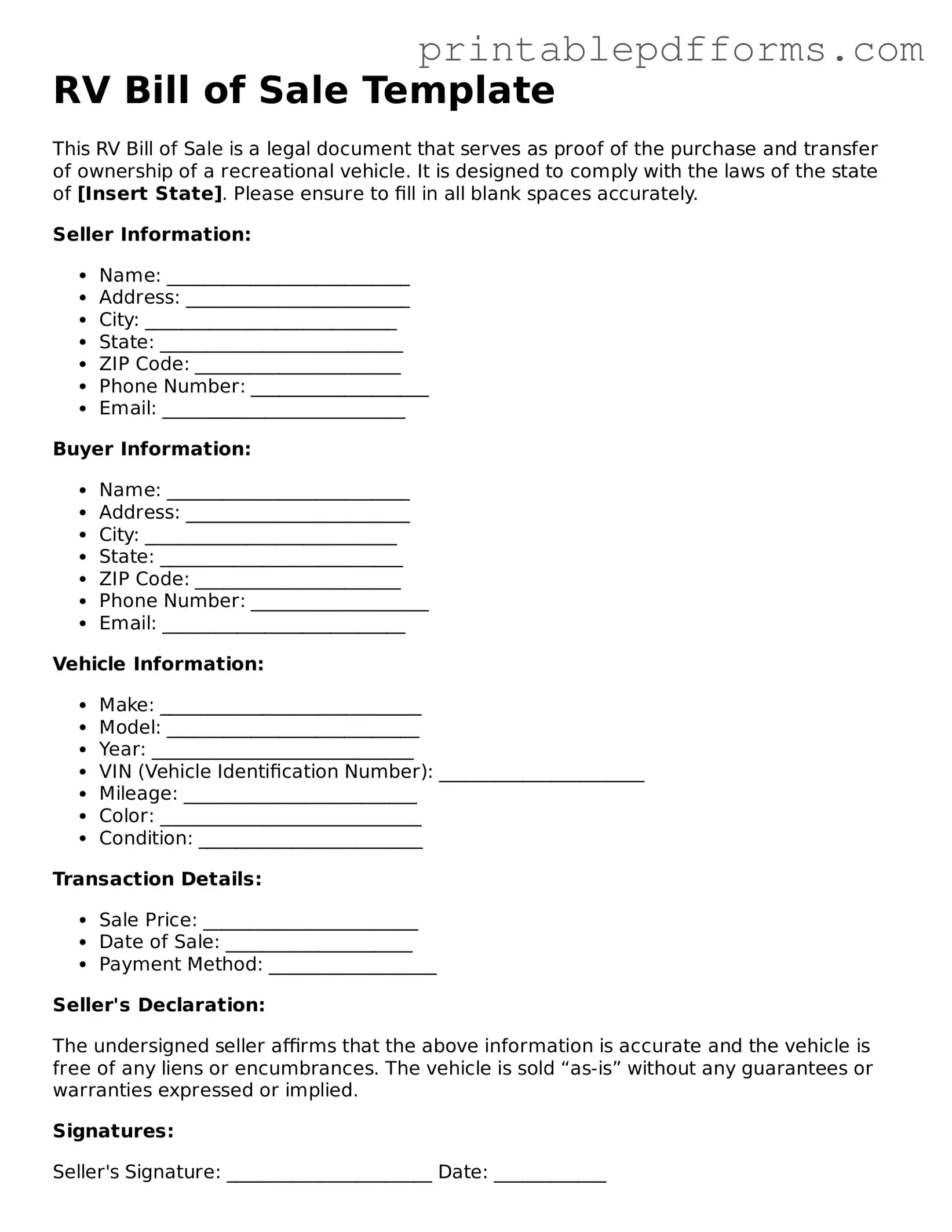 Blank RV Bill of Sale Form