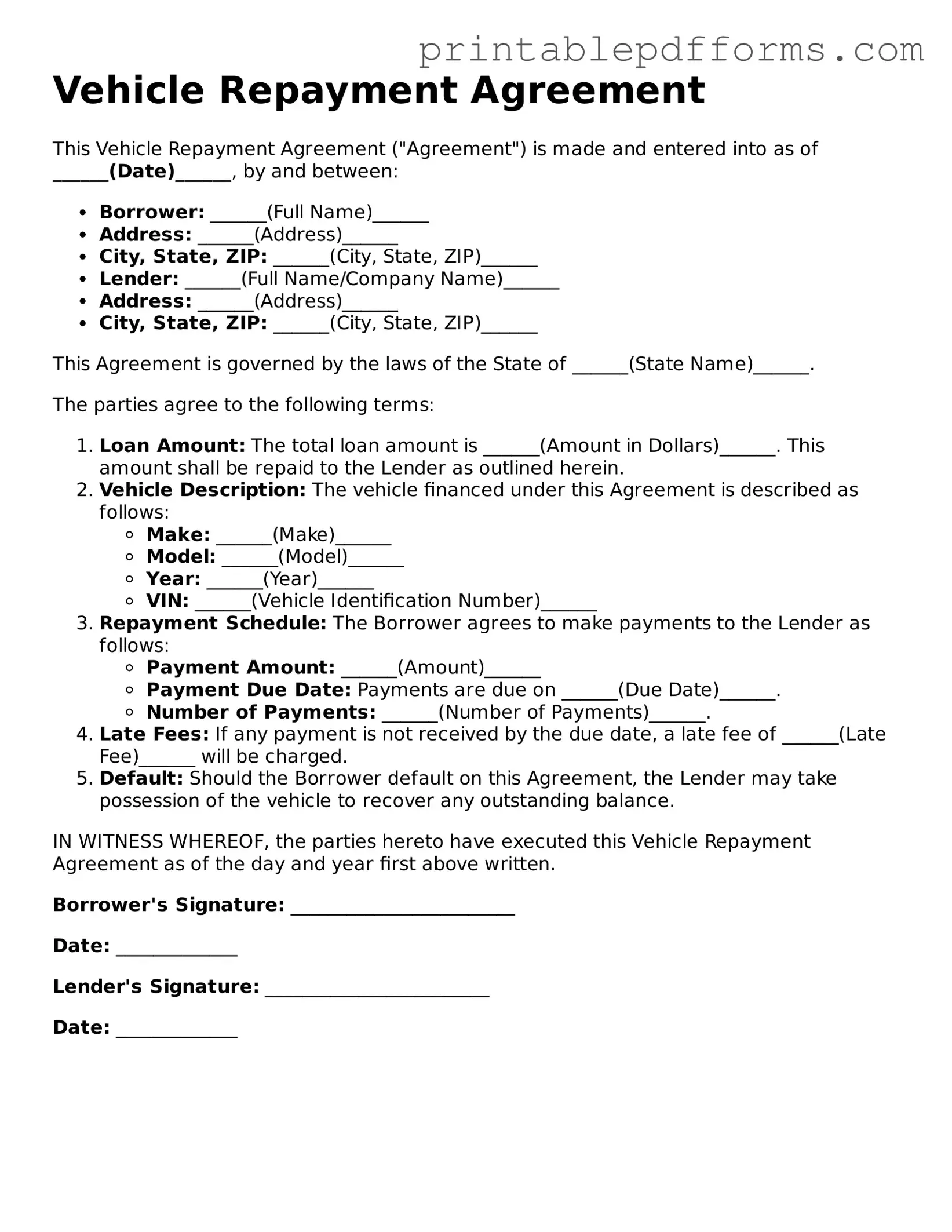 Blank Vehicle Repayment Agreement Form
