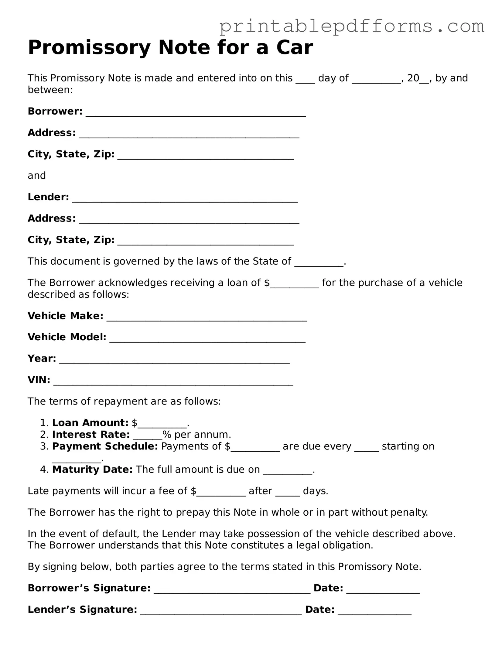 Blank Promissory Note for a Car Form