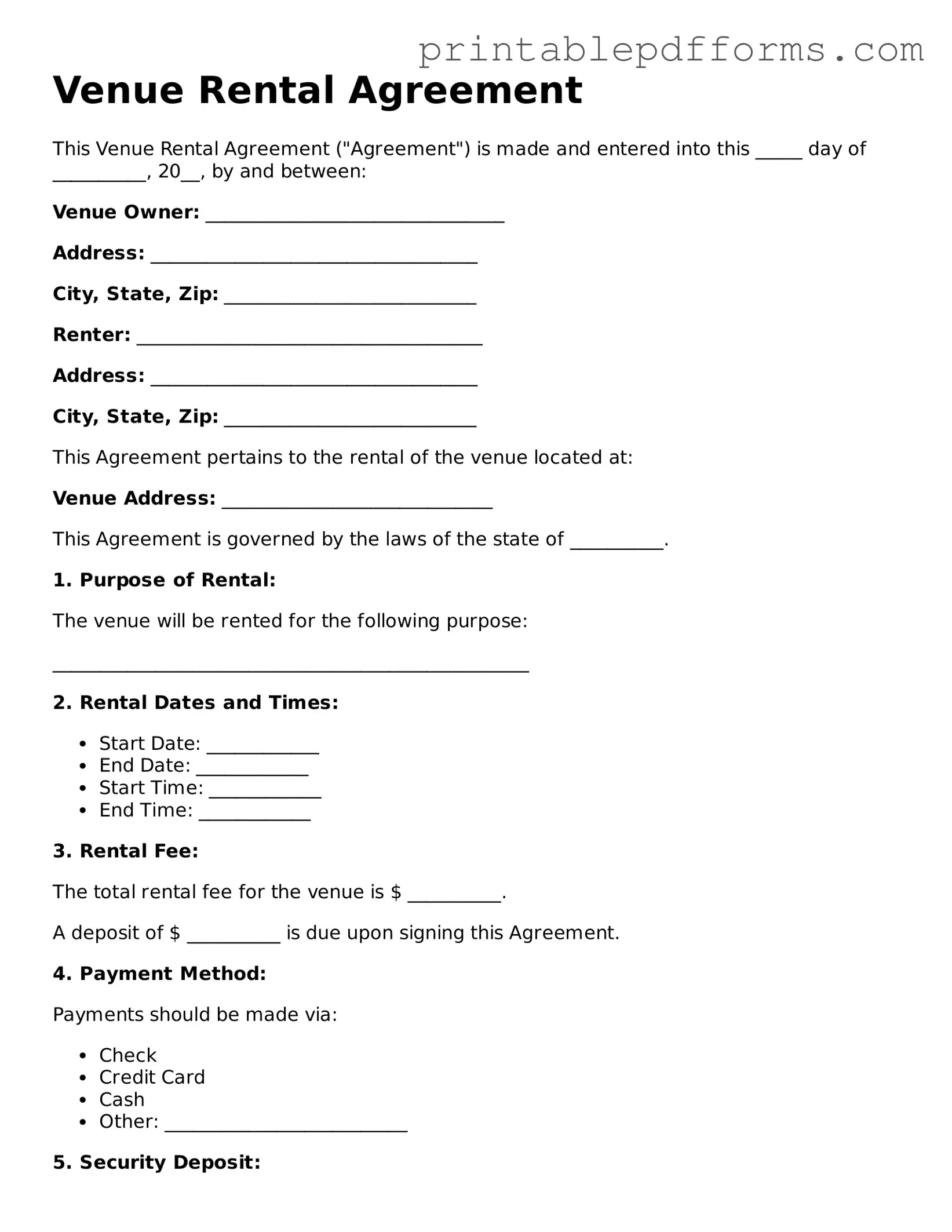 Blank Venue Rental Agreement Form