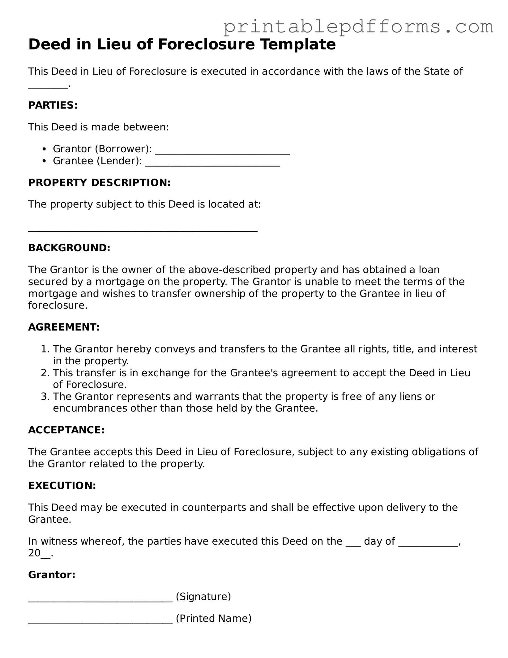 Blank Deed in Lieu of Foreclosure Form