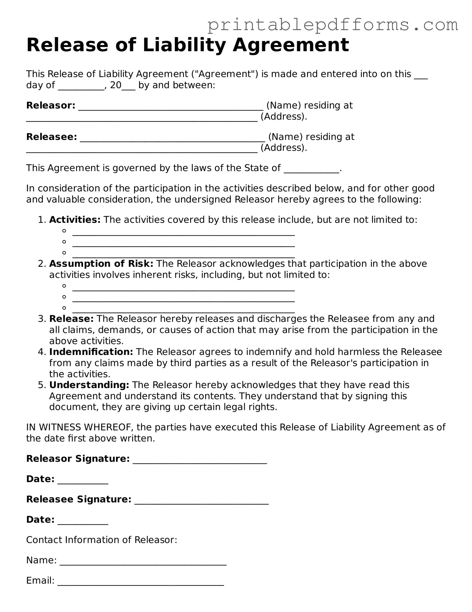 Blank Release of Liability Form